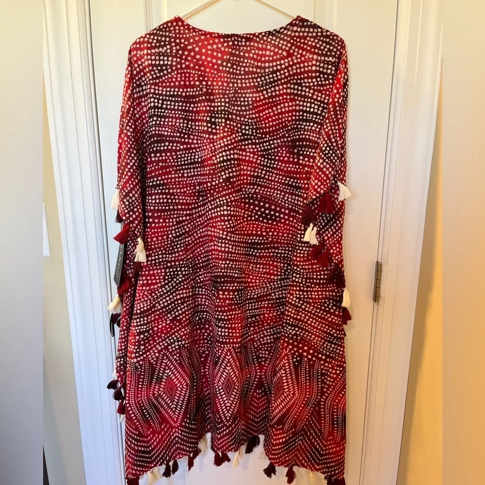 🆕 Miraclesuit Caftan Swimsuit Cover-up Women’s Tassles Cotton Red White Size S